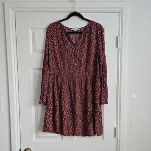 LOFT Burgundy Floral Long-Sleeve Tiered Button Dress